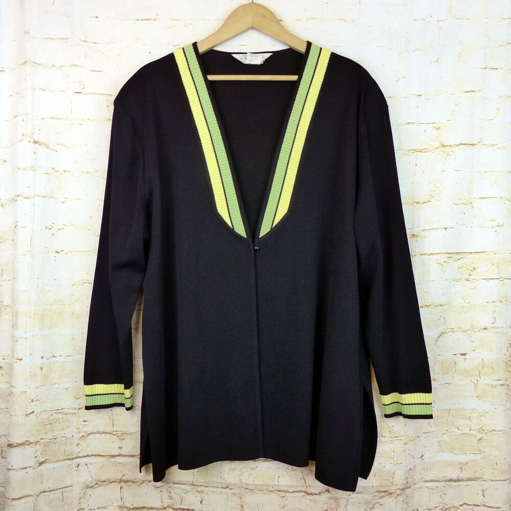 Exclusively Misook Cardigan Womens Plus 3X Black Green Yellow Trim V-Neck VTG